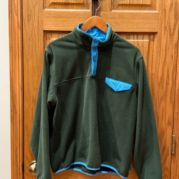 Tory Burch Tory Sport green/blue colorblock T-snap fleece pullover in Dark Olive - Picture 1 of 3